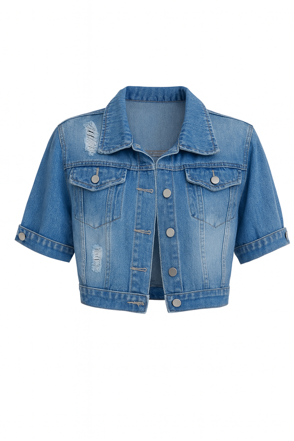 Fashionable Blue Distressed Denim Jacket