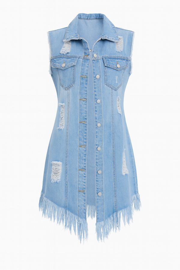 Manteau Long en Denim Premium Sans Manches – Élégance Moderne & Finitions Effilée